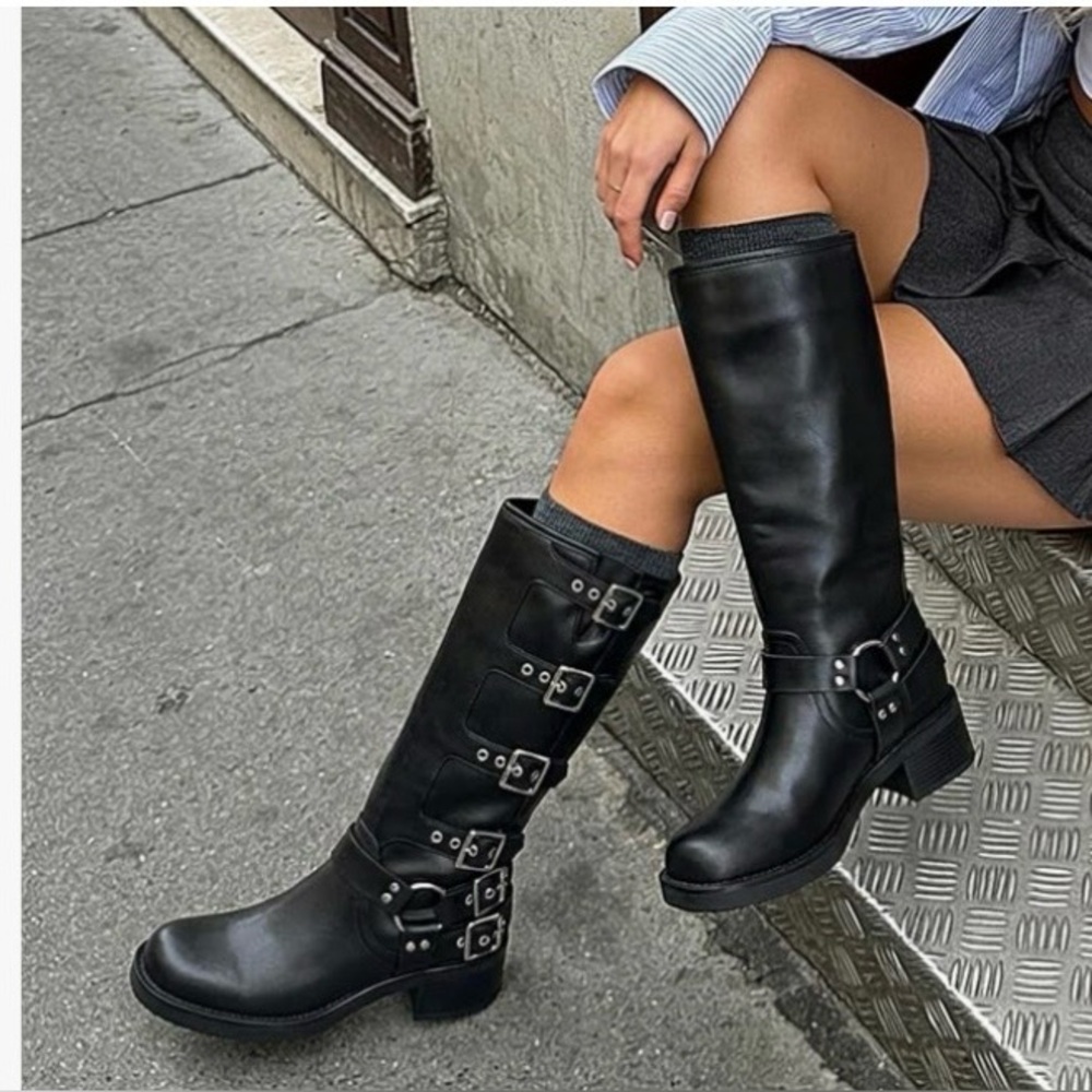 Motorcycle Boots w/Straps & Buckles Chunky Heel Biker Black Boots Women’s Size 7